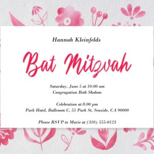 Blooming Bat Mitzvah 7x5" (18x13cm) Flat Card set of 20 (matt cardstock), rounded corners, Card & Stationery Red