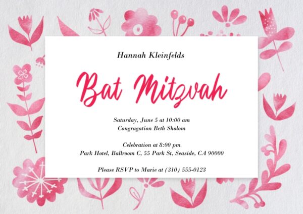 Blooming Bat Mitzvah 7x5" (18x13cm) Flat Card set of 20 (matt cardstock), rounded corners, Card & Stationery Red