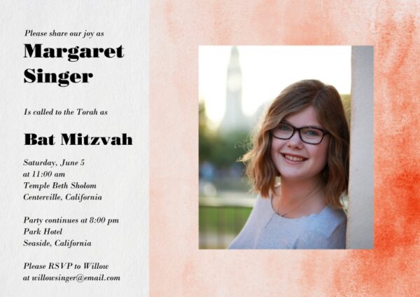 Painted Frame Bat Mitzvah 7x5" (18x13cm) Flat Card set of 20 (matt cardstock), rounded corners, Card & Stationery Orange