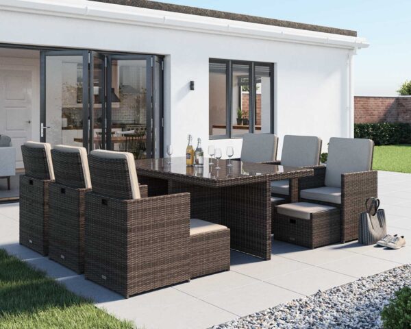6 Seat Rattan Garden Cube Set in Truffle Brown with Footstools - 13 Piece - Barcelona - Rattan Direct
