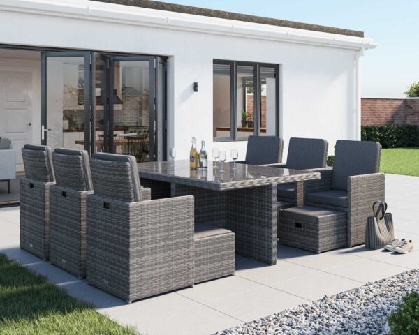 6 Seat Rattan Garden Cube Dining Set in Grey with 6 Footstools - Barcelona - Rattan Direct