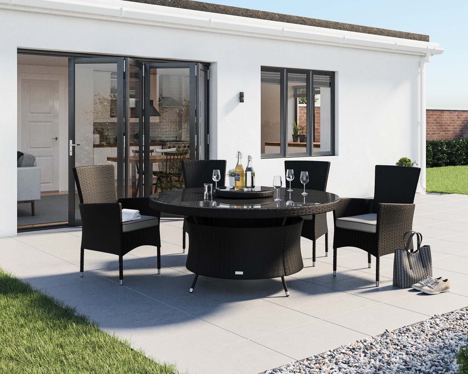 4 Rattan Garden Chairs & Large Round Dining Table Set in Black & White - Cambridge - Rattan Direct 1 4 Rattan Garden Chairs & Large Round Dining Table Set in Black & White - Cambridge - Rattan Direct