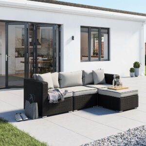 Rattan Garden Corner Sofa Set in Black & White - 4 Piece - Florida - Rattan Direct