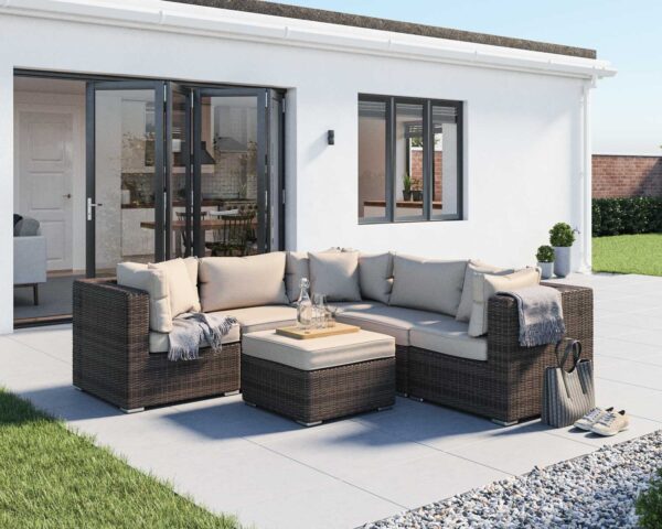 Rattan Garden Corner Sofa Set in Brown & Champagne - 6 Piece - Florida - Rattan Direct